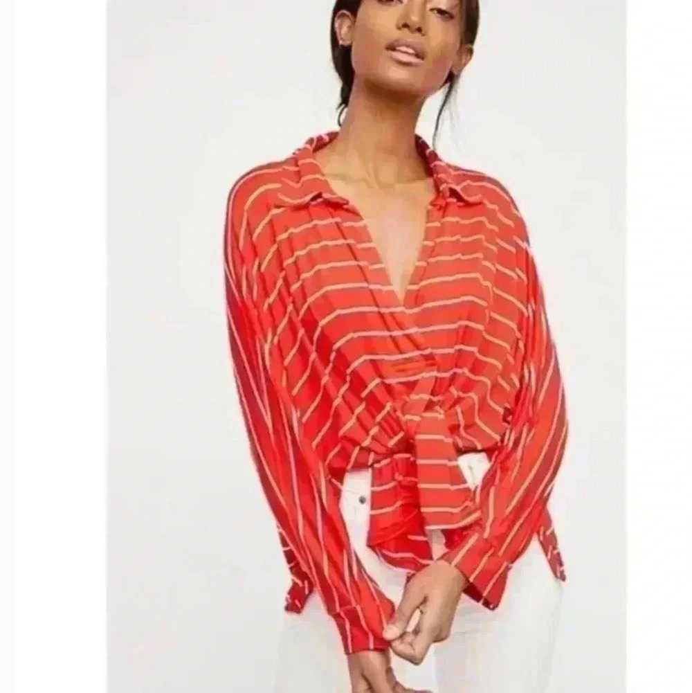 Free People We The Free Can't Fool Me Striped Orange and White Tee Size Small - Picture 1 of 16
